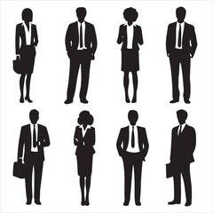 set of vector men and a women, a group of standing business people silhouette, back view of walking people, group of people at work
