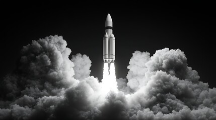 Rocket Launching into Space, A rocket launching into space, surrounded by clouds and a starry sky