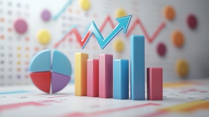 Colorful 3D bar and pie charts with an upward trend arrow, symbolizing growth and success in business or finance