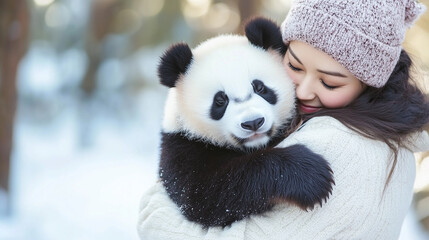 Obraz premium A woman in a winter outfit lovingly hugs a panda in a snowy blur background