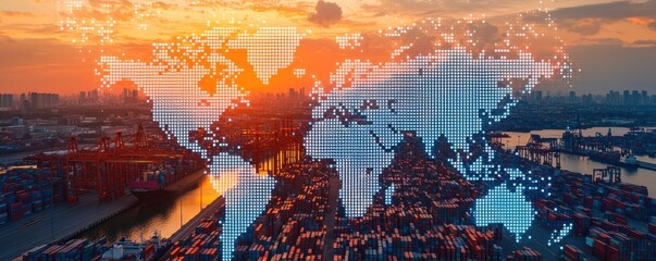 Obraz premium Sunset over a vibrant port global logistics hub container stacks urban landscape aerial view transportation dynamics