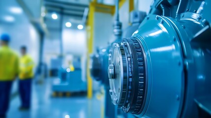 Obraz premium A Stunning Panoramic View of a Hydro Power Station Featuring Turbines in Operation with Engineers Actively Monitoring and Maintaining the System