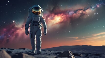 Obraz premium Astronaut Exploring an Alien Planet Under a Nebula-Filled Sky 