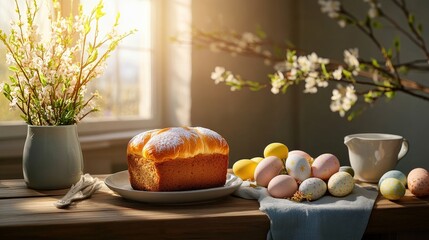 Pastel colored easter setting with cake and decorated eggs for festive celebration