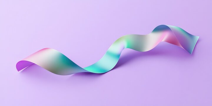 Iridescent ribbon swirling on purple background.