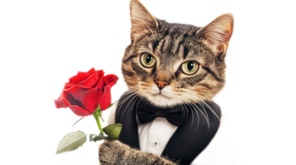 A dapper cat in a tuxedo holding a red rose, set against a soft-focus background, ideal for romantic themes
