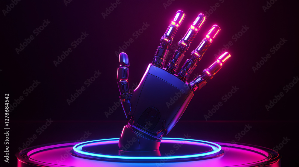 Poster Metallic robotic hand extending through luminescent neon gateway, revealing cutting-edge technological innovation and AI potential