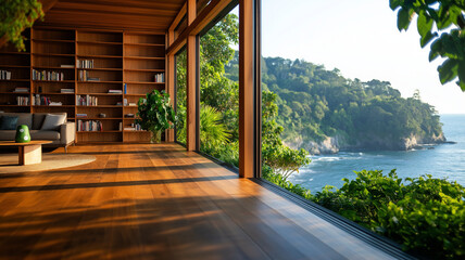 Modern interior design with wood and stone elements, featuring spacious living area overlooking scenic coastal view. warm sunlight enhances natural beauty and tranquility of space