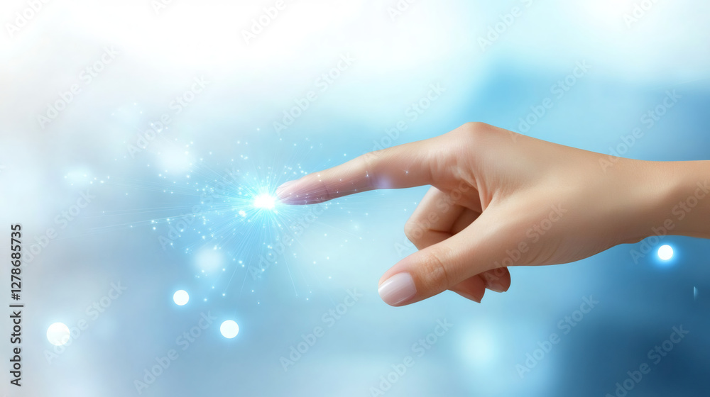 Aufkleber Hand touching digital connection of network on blurred background, concept of global connection and wireless technology