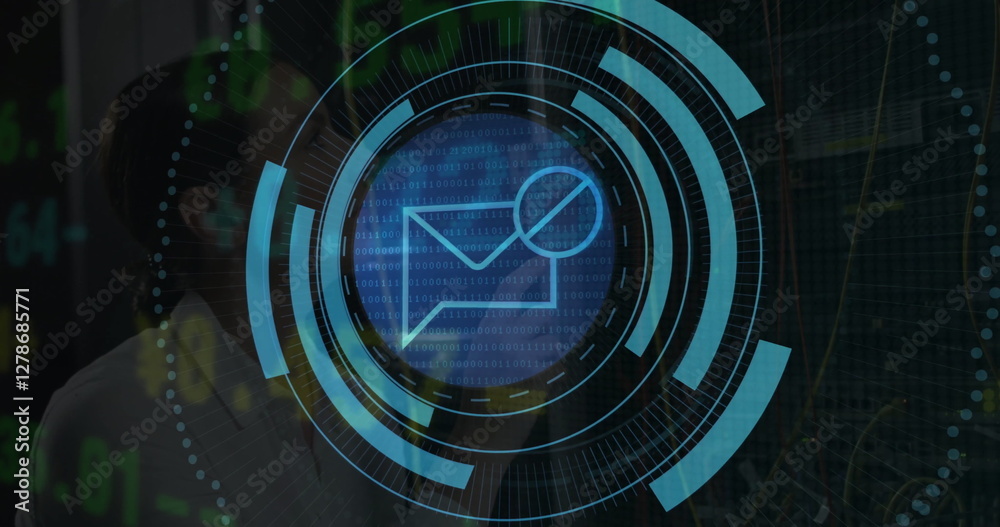 Poster image of data processing and scope over caucasian female it engineer by computer servers