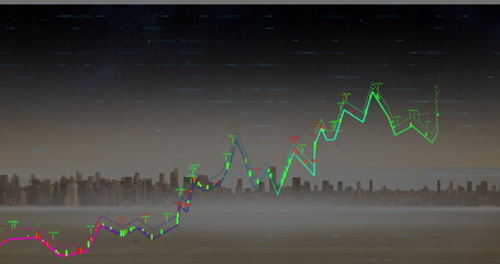 Image of financial data processing over city