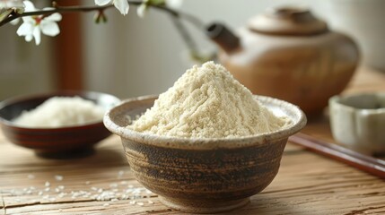 Fototapeta premium A bowl of finely ground flour sits on a wooden table, surrounded by tea utensils and decor.