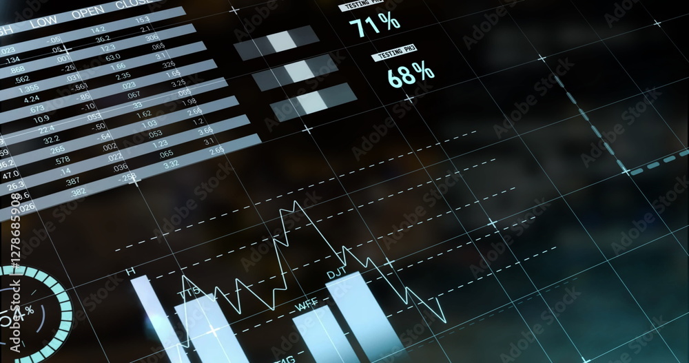 Wall mural image of data processing and diagrams over black background