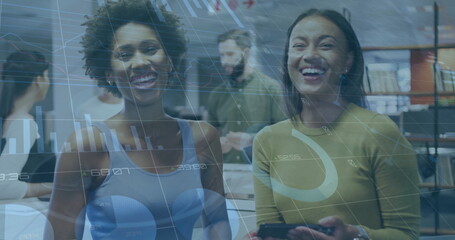 Image of financial data processing over diverse business people in office