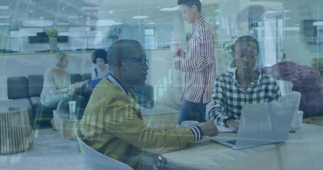 Image of financial data processing over diverse business people in office