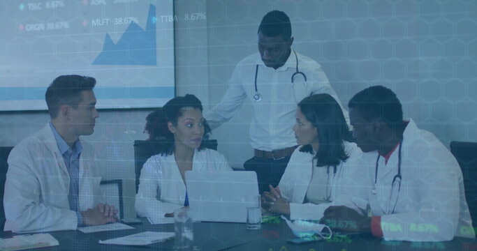 Image of financial data processing over diverse doctors in meetine