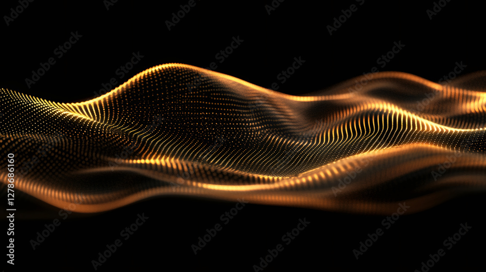 Fototapete flowing waves of abstract golden particles create a mesmerizing pattern against a deep black backgro