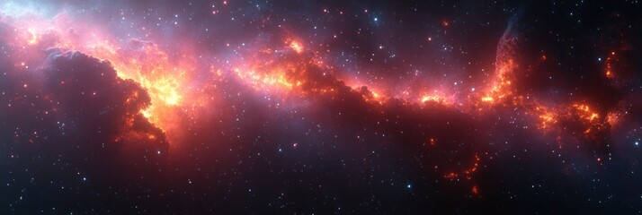 Fototapeta premium Fiery nebula in deep space with glowing cosmic dust and stars.