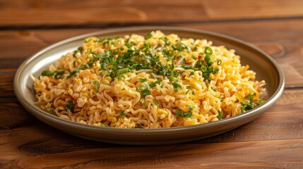 A plate of cooked noodles garnished with herbs and vegetables.