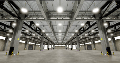Spacious industrial warehouse features a high ceiling supported by steel beams. 3d render © angel_nt