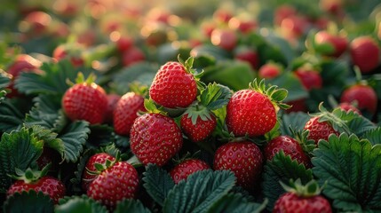 Ripe Red Strawberries Growing in a Lush Green Field