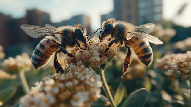 Bees gather nectar from flowers in a city garden during late afternoon sunshine