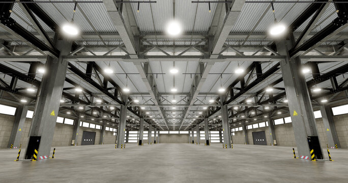 Spacious industrial warehouse features a high ceiling supported by steel beams. 3d render