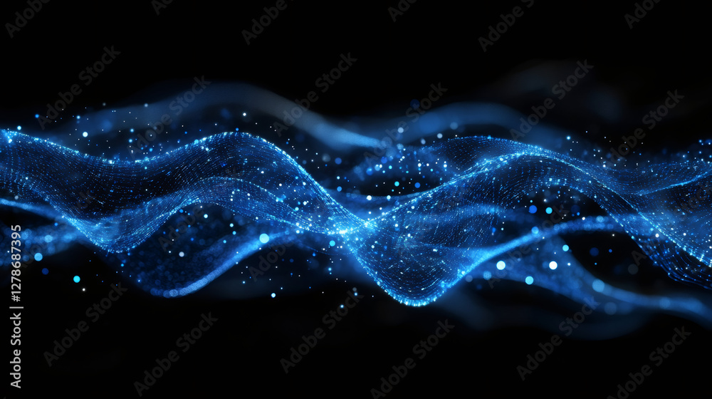 Poster digital wave particles flowing and glowing represent futuristic technology and innovation
