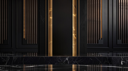 Obraz premium black and golden luxury wall design for product placement and showcase presentation, elegant cinematic background