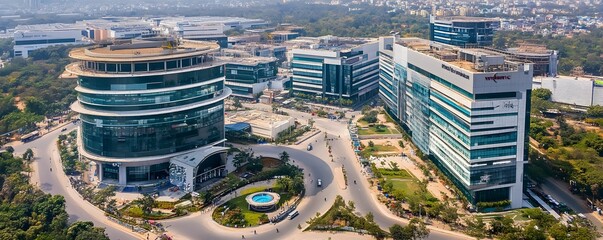 The vibrant IT hubs in Bangalore, with tech company logos and sleek office buildings scattered across the city, highlighting the city's role as India's Silicon Valley