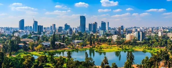The vibrant tech hub of Bangalore, with towering office buildings, modern architecture, and green spaces creating a balanced urban landscape