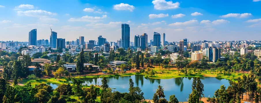 The vibrant tech hub of Bangalore, with towering office buildings, modern architecture, and green spaces creating a balanced urban landscape
