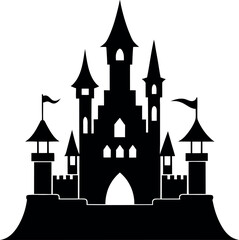 Obraz premium Black Castle Silhouette Minimalist Vector Illustration | Simple Icon for Fortress, Kingdom, Medieval Architecture, and Royalty Design Elements