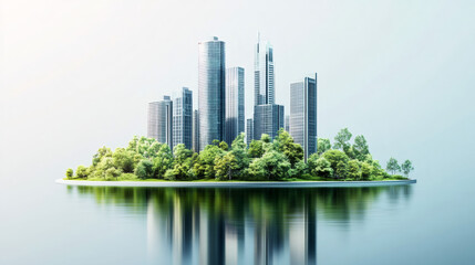 Fototapeta premium Modern sustainable city center rising from a green island surrounded by calm water, promoting ecological balance and urban nature