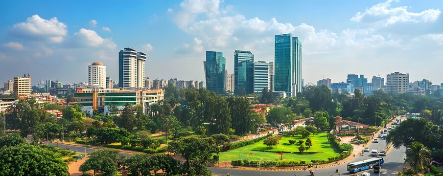 The modern Bangalore business district with sleek office towers, busy streets, and green spaces, showcasing the rapid development of the city