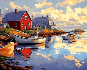Obraz premium Coastal Village Scene at Sunrise