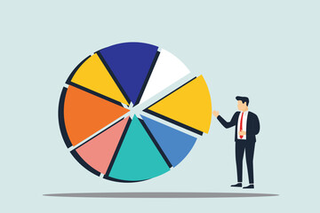 Obraz premium Investment asset allocation and rebalance concept, businessman investor or financial planner standing on ladder to arrange pie chart as rebalancing investment portfolio to suitable for risk and return