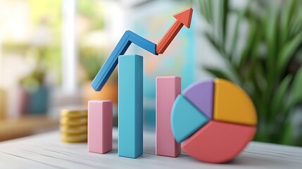 Colorful 3D bar and pie charts with an upward trend arrow, symbolizing growth and success in business or finance
