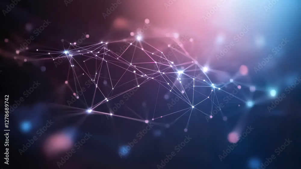 Aufkleber Glowing plexus network connecting lines and dots creates a futuristic digital grid over a dark bokeh background