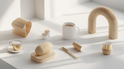 Minimalist arrangement of wooden and ceramic objects on a bright surface with soft shadows