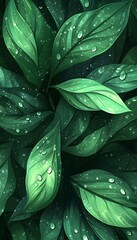 Glossy green leaves covered in water droplets evoke freshness