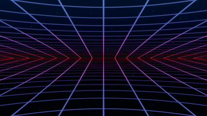Retro perspective grid in infinity. Abstract landscape grid lines, background image. Digital wireframe background with lines in 80s and 90s style. Futuristic grid pattern. Vector illustration