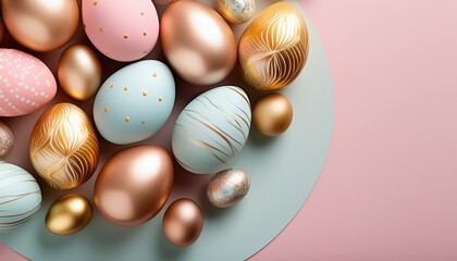 Obraz premium Flat-lay of modern Easter eggs in pastel colors with trendy gold foil accents, arranged in a neat pattern on a soft, neutral background, creating an elegant and festive vibe.