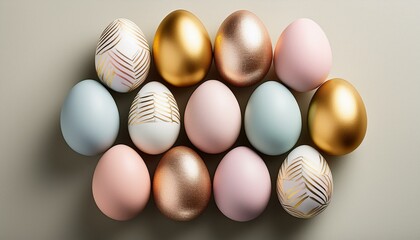 Flat-lay of modern Easter eggs in pastel colors with trendy gold foil accents, arranged in a neat pattern on a soft, neutral background, creating an elegant and festive vibe.