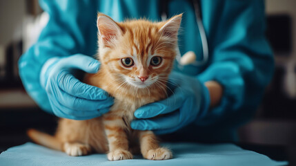 Naklejka premium Veterinarian performing a physical check on a kitten, gently feeling its body for any issues, animal clinic with medical equipment and focused lighting