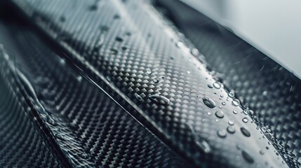 Close-up of wind turbine blade texture with carbon fiber patterns, macro photography, morning dew droplets, industrial aesthetic