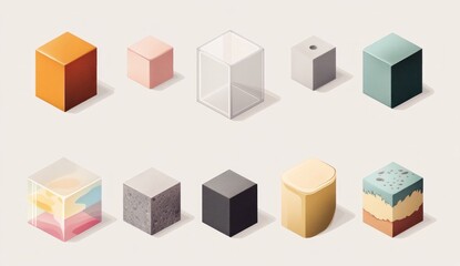 Fototapeta premium Isometric view of ten colorful cubes with various textures and materials.