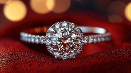 Fototapeta premium Dazzling diamond ring resting on a luxurious red cloth background
