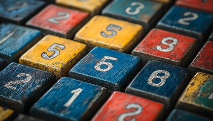 Close-up of vintage colorful number blocks
