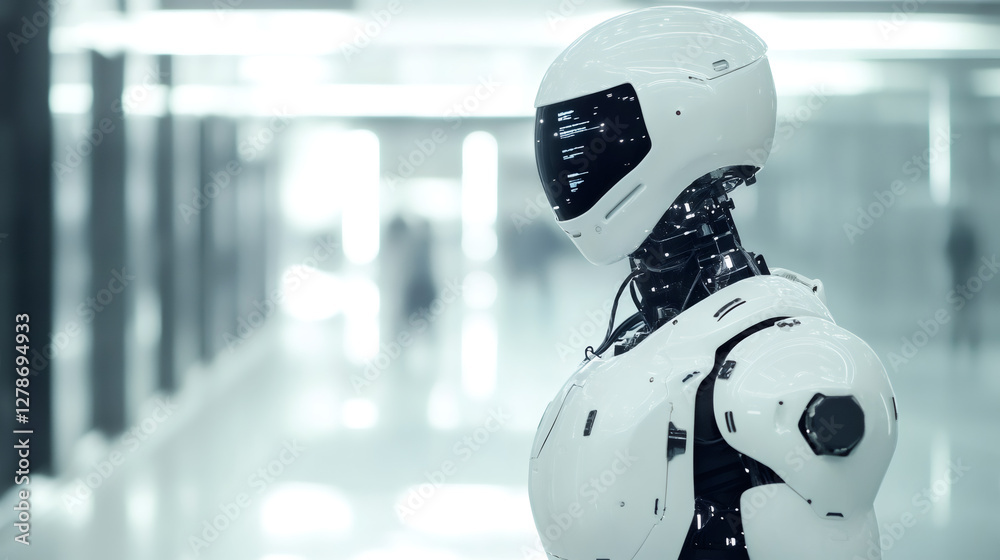Aufkleber sleek white robot positioned within luminous hallway, representing cutting-edge ai technological inn